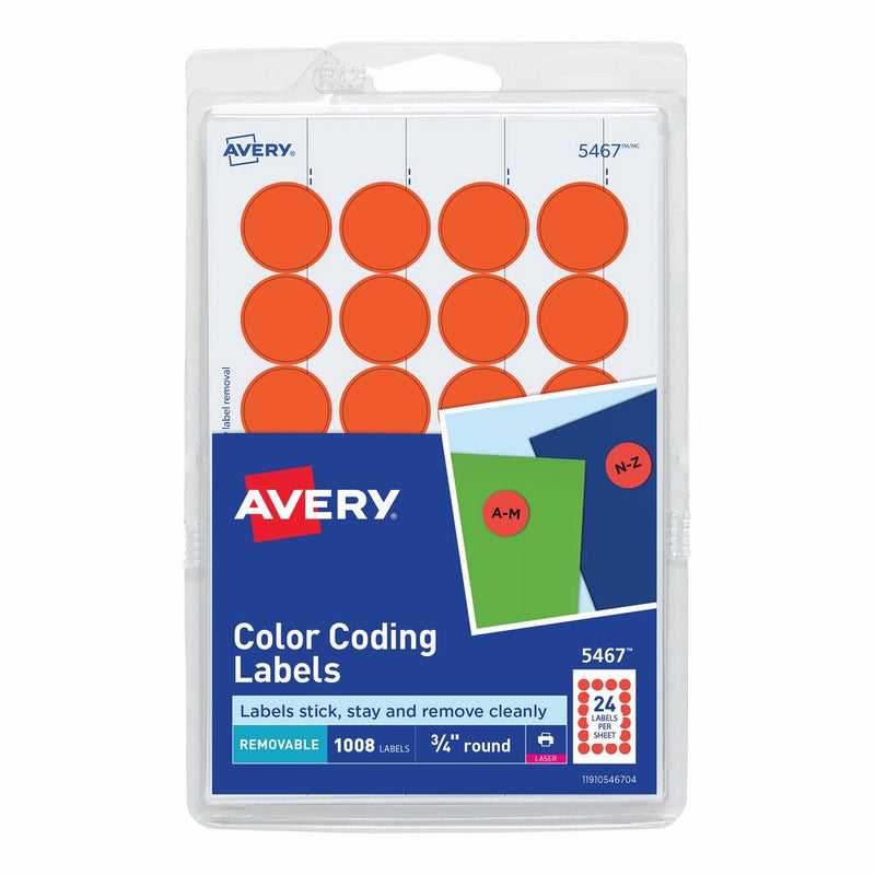 Avery Print/Write Adhesive Removable Labels, 0.75 Inch Diameter, Red - Orange Neon, 1008 per Pack (5467)