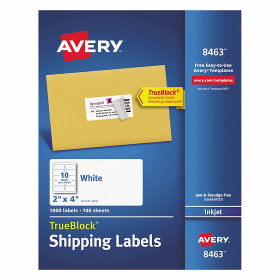 Avery Shipping Address Labels, Inkjet Printers, 1,000 Labels, 2x4 Labels, Permanent Adhesive, TrueBlock (8463)