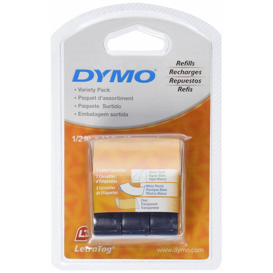 DYMO LetraTag Labeling Tape for LetraTag Label Makers, Black print on White Paper, White Plastic and Clear plastic tapes, 1/2'' W x 13' L, 3 rolls (12331)