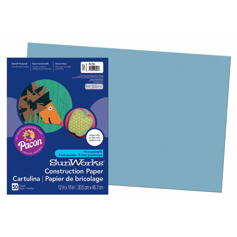 Pacon SunWorks Construction Paper, 12-Inches by 18-Inches, 50-Count, Sky Blue (7607)