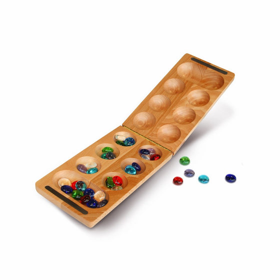 WE Games Folding Mancala - Solid Wood Board & Glass Stones 18 inches