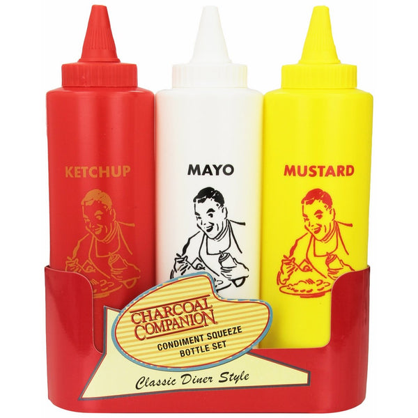 Charcoal Companion Classic Diner Condiment Bottle Set / Ketchup, Mayo, Mustard