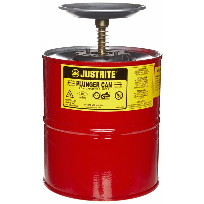 Justrite 10308 Red Steel Plunger Safety Can - 1 Gallon Capacity