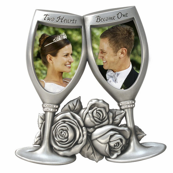 Malden International Designs Champagne Glasses Metal Wedding Picture Frame, 2 Option, 2-2x3, Silver