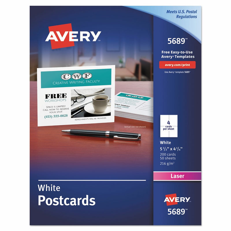 Avery 5689 Postcards for Laser Printers, 4 1/4 x 5 1/2, Uncoated White, 4 per Sheet (Box of 200)