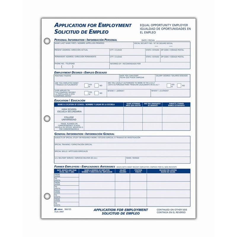 Adams Bilingual Employee Application, 8.5 x 11 Inches, White, 2-Pack (9661ES)