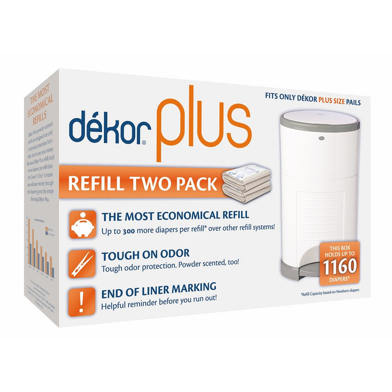 Dekor Plus Diaper Pail Refills | Most Economical Refill System | Quick & Easy to Replace | No Preset Bag Size – Use Only What You Need | Exclusive End-of-Liner Marking | Baby Powder Scent | 2 Count