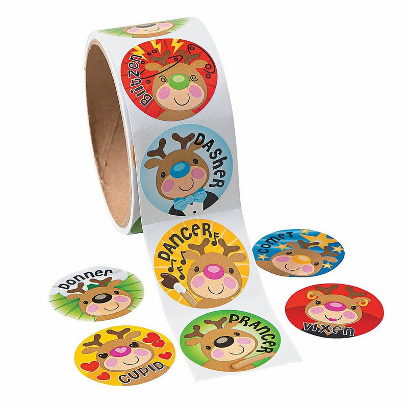 Christmas Reindeer Face Roll Stickers (100 Stickers Per Roll)