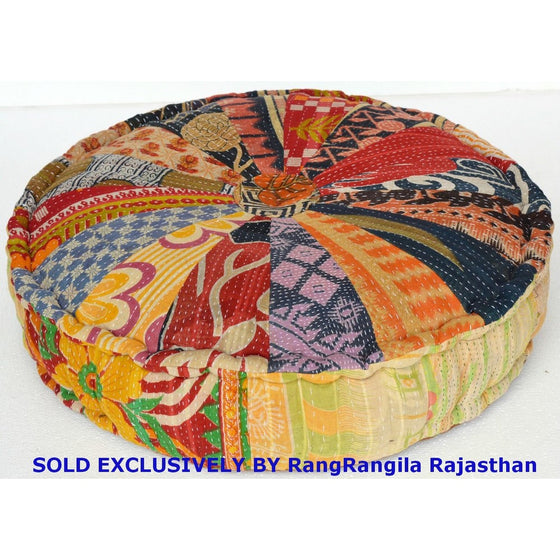 RANGILA Stuffed Indian Vintage Kantha Patch Floor Cushion; Pouf Ottoman; Round Pouf