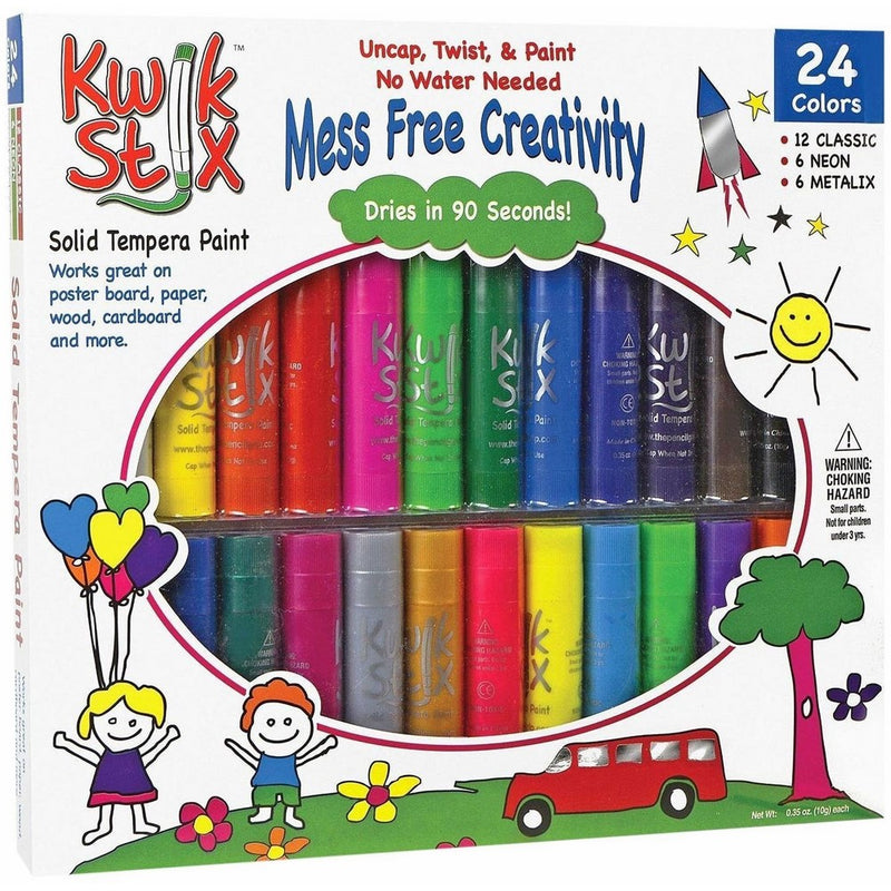 Pencil Grip Kwikstix Solid Tempera Paint 24ct, Super Quick Drying, 12 Classic, 6 Neon, 6 Metallix Colors (TPG-604)