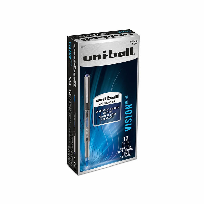 uni-ball Vision Rollerball Pens, Micro Point (0.5mm), Blue, 12 Count