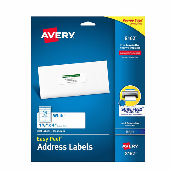 Avery Mailing Address Labels, Inkjet Printers, 350 Labels, 1-1/3 x 4, Permanent Adhesive (8162)