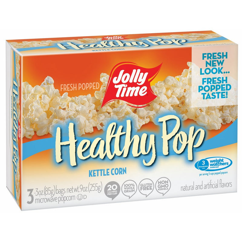 Jolly Time Healthy Pop Kettle Corn - 94% Fat Free Weight Watchers Microwave Popcorn, 3-Count Boxes, 9 oz, (Pack of 12)