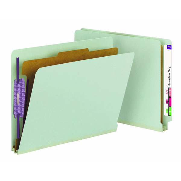 Smead End Tab Pressboard Classification File Folder with SafeSHIELD Fasteners, 1 Divider, 2" Expansion, Letter Size, Gray/Green, 10 per Box (26800)