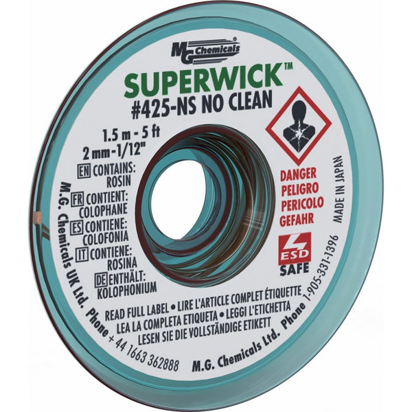 MG Chemicals #3 No Clean Super Wick Desoldering Braid, 0.075" Width x 5' Length, Green