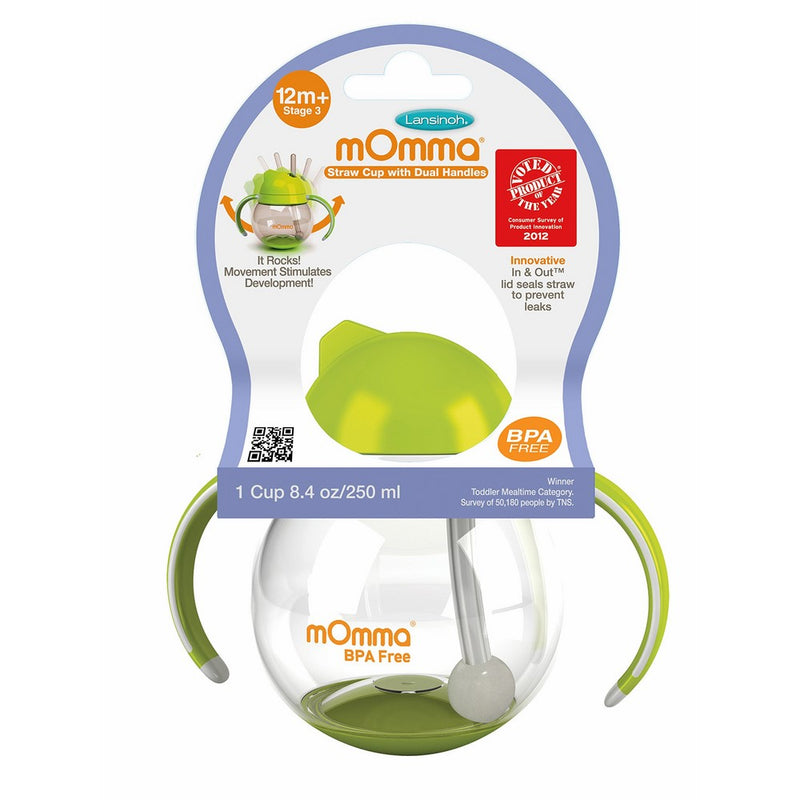 Lansinoh mOmma Straw Cup with Dual Handles, Green, Safe and Hygienic, for 12 Months and Older, Spill Proof Technology, No Hassle Cleaning, BPA Free