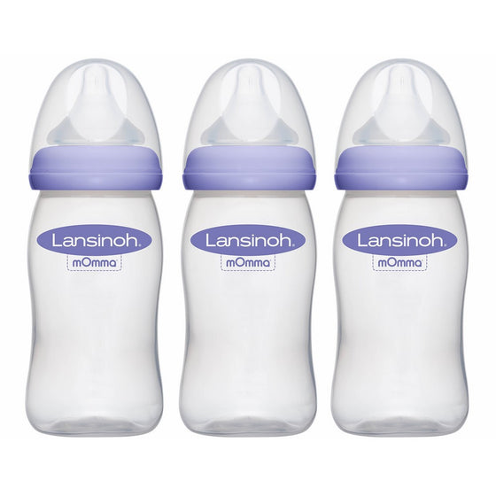 Lansinoh mOmma Breastmilk Feeding Bottle with NaturalWave Nipple, Pack of 3 Bottles, 8 Ounce Each, Medium Flow Nipples, Soft Silicone Nipple, Collapse Resistant, Anti-Colic, BPS and BPA Free