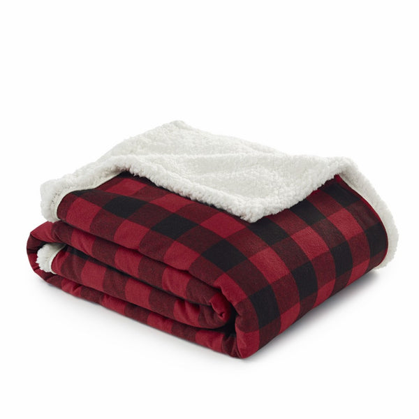 Eddie Bauer 216689 Cabin Plaid Flannel Sherpa Throw,Red