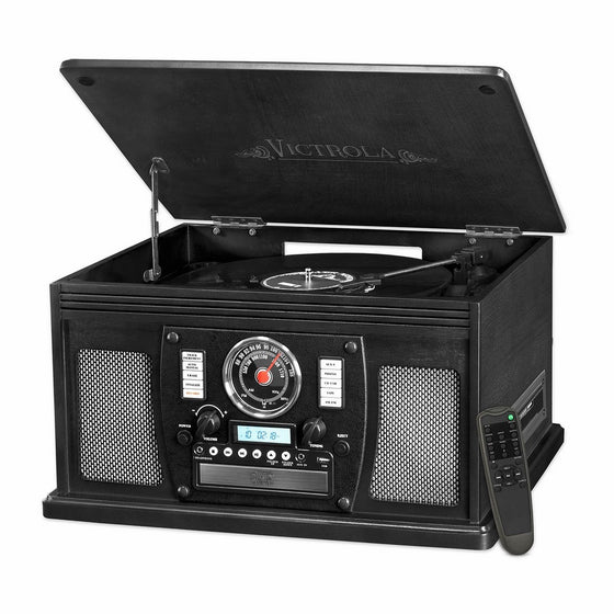 Victrola Nostalgic Aviator Wood 8-in-1 Bluetooth Turntable Entertainment Center, Black