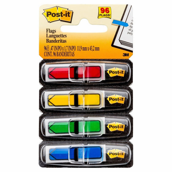 Post-it Arrow Flags, Assorted Primary Colors.47 in. Wide, 24/Dispenser, 4 Dispensers/Pack, (684-ARR3)