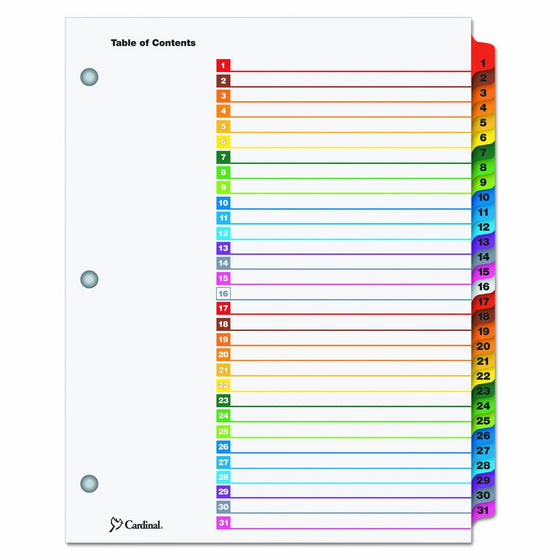 Cardinal 60118 Traditional OneStep Index System, 31-Tab, 1-31, Letter, Multicolor (Set of 31)