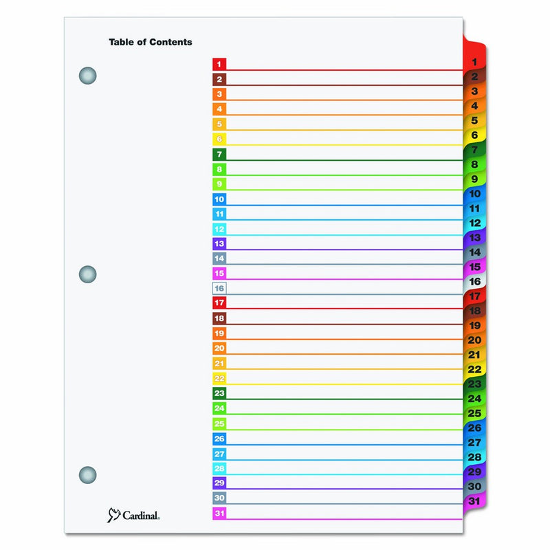 Cardinal 60118 Traditional OneStep Index System, 31-Tab, 1-31, Letter, Multicolor (Set of 31)