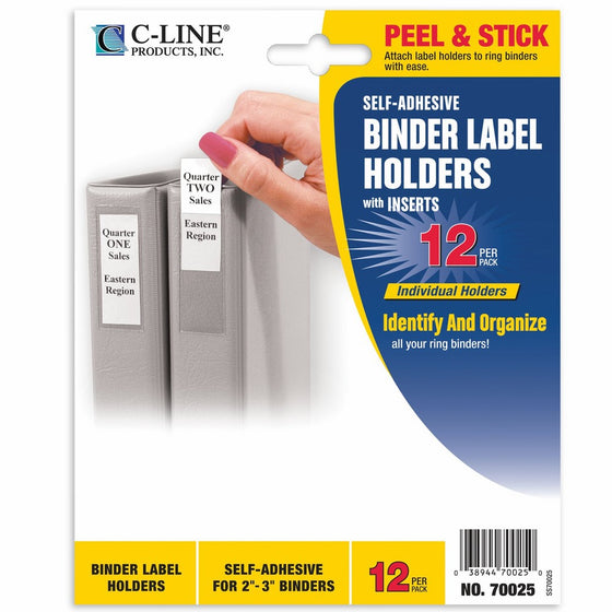 C-Line Self-Adhesive Binder Label Holders for 2" to 3"; Ring Binders, 2-5/16" x 3-5/8", 12 per Pack (70025)