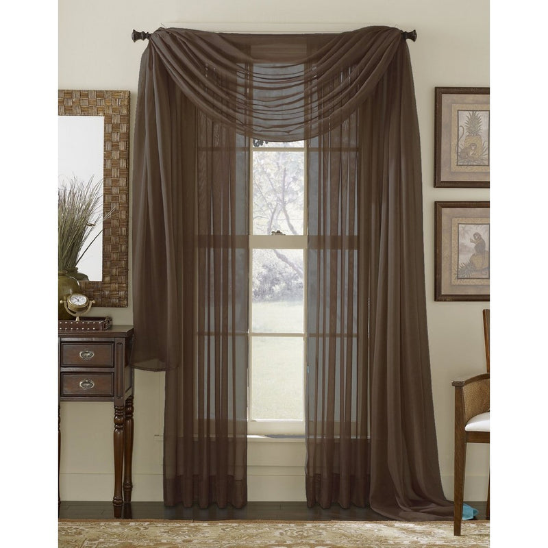 3 Piece Coffee Brown Sheer Voile Curtain Panel Set: 2 Coffee Panels and 1 Scarf