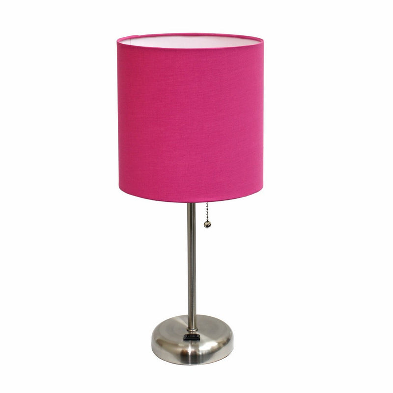 Limelights LT2024-PNK Brushed Steel Lamp with Charging Outlet and Fabric Shade, Pink