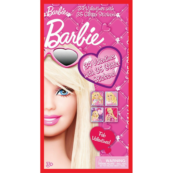 Paper Magic 34CT Deluxe - Glitter Stickers Barbie Kids Classroom Valentine Exchange Cards