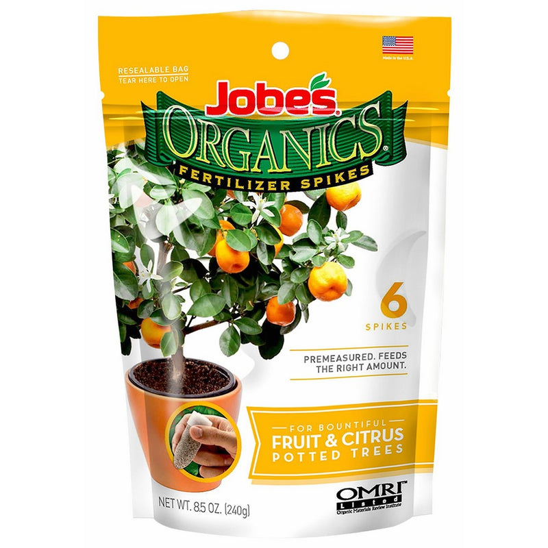 Jobe's Organics Fruit & Citrus Tree Fertilizer Spikes, 3-5-5 Time Release Fertilizer for all Container or Indoor Fruit Trees, 6 Spikes per Package