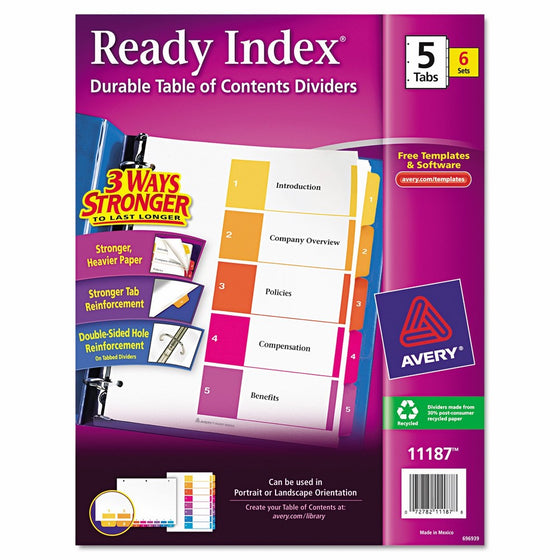 Avery Ready Index Table of Contents Dividers, 5-Tab Set, 6 Sets (11187)