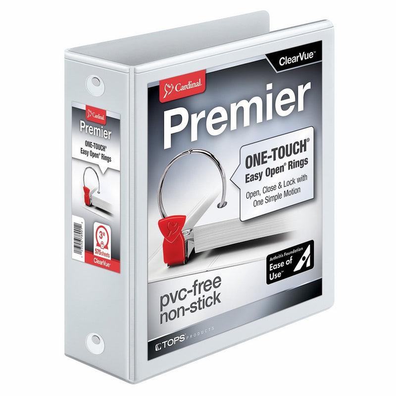 Cardinal Premier Easy Open 3-Ring Binder, 3", ONE-TOUCH Easy Open Locking Round Rings, 575-Sheet Capacity, ClearVue Cover, PVC-Free, White (11130CB)