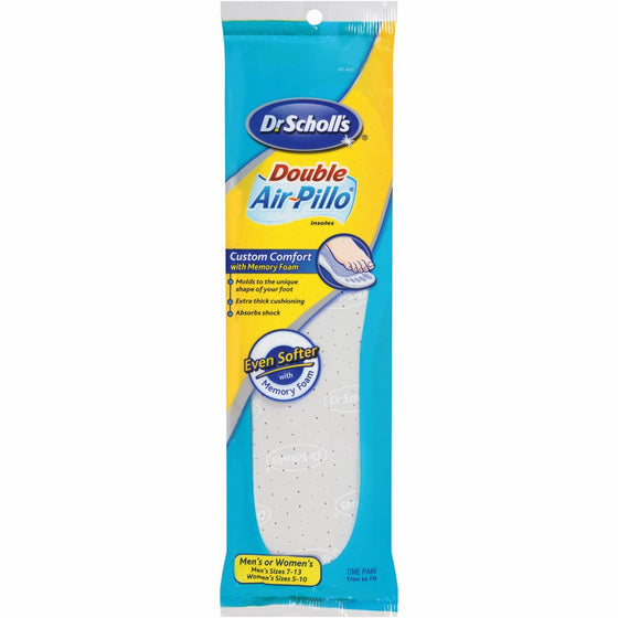 Dr. Scholl's Double Air-Pillo Custom Comfort Insoles 1 Pair Packet, Unisex Mens size 7-13, Womens size 5-10