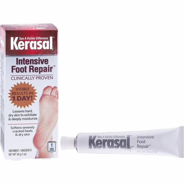 Kerasal Intensive Foot Repair, Exfoliating Foot Moisturizer 1 oz. - Clinically proven to moisturize and exfoliate dry feet and cracked heels - Smooth, soft feet fast with visible results in just 1 day