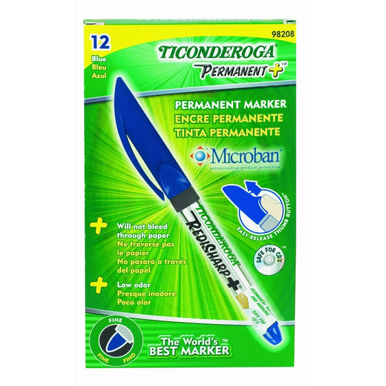 Ticonderoga RediSharp Plus Low Odor Permanent Markers, Fine Point, Blue, One Dozen (98208)