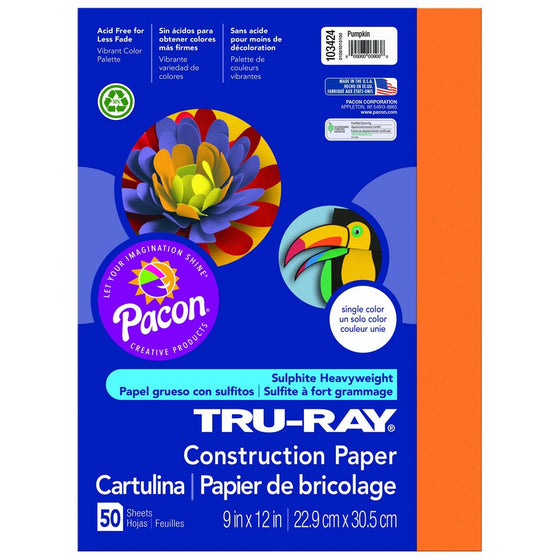 Pacon Tru-Ray Construction Paper, 9-Inches by 12-Inches, 50-Count, Pumpkin (103424)