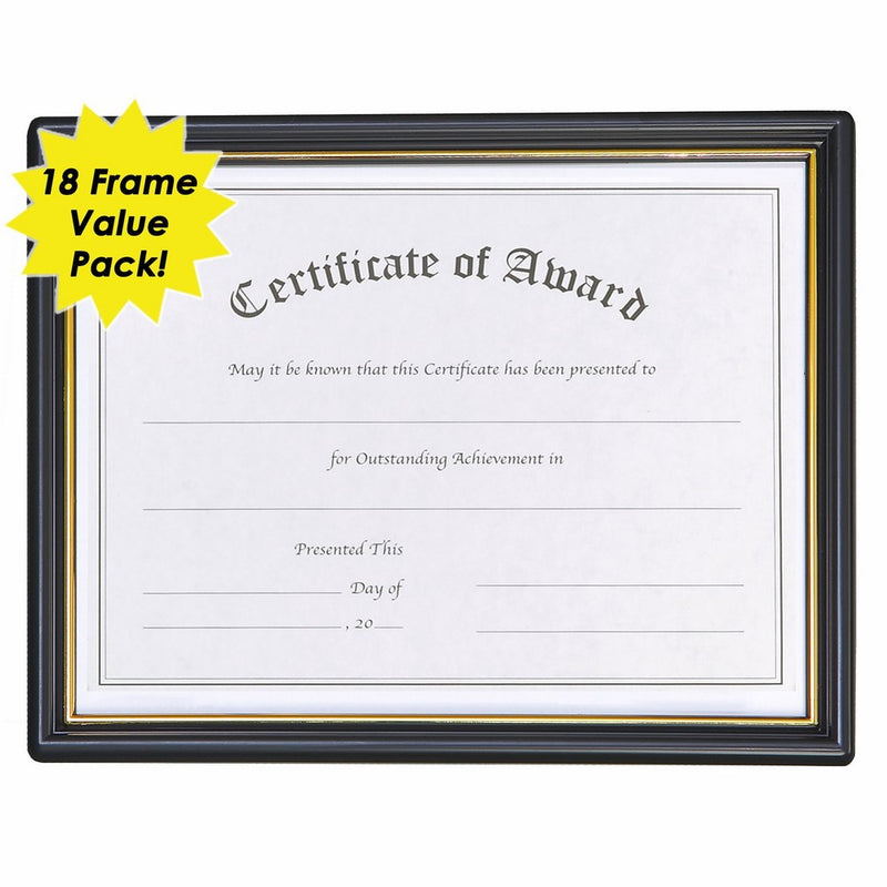 8.5" x 11" EZ Mount Pre-Framed Award Certificate Frame 18 Pack, Black/Gold