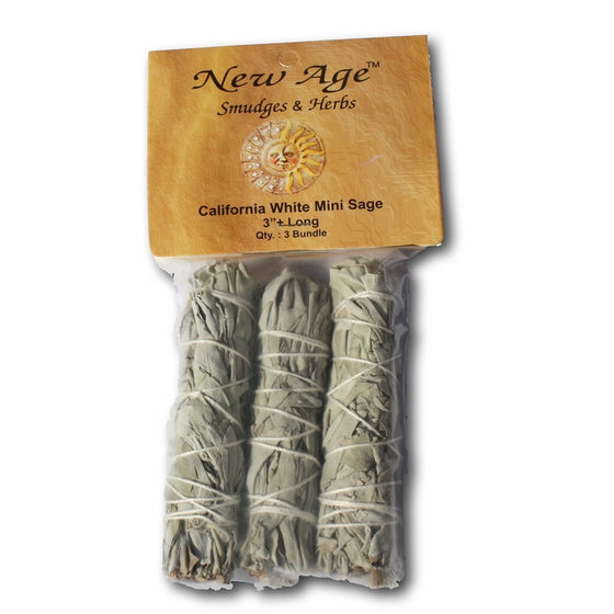 NewAge Smudges and Herbs MCWS3 California Mini Sage Wands, 4-Inch, Pack of 3, White