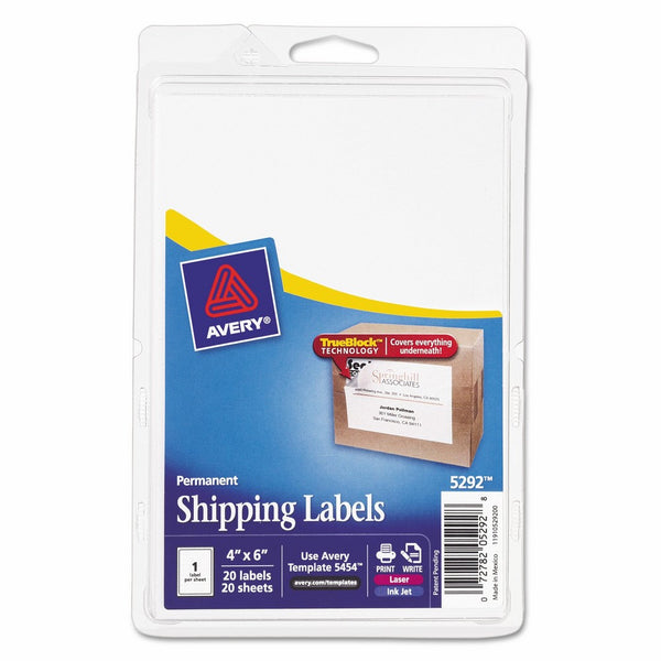 Avery Shipping Labels with TrueBlock Technology, 4" x 6", Pack of 20 (5292)