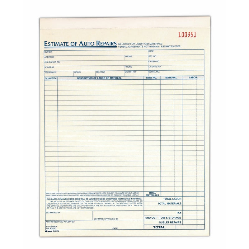 Auto Repair Estimate Book, 2-Part, Carbonless, 8.38 x 10.69 Inches, White/Canary, 50 Sets per Book (D8104)