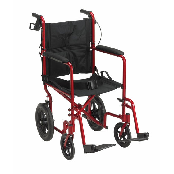 Drive Medical Lightweight Expedition Transport Wheelchair with Hand Brakes, Red