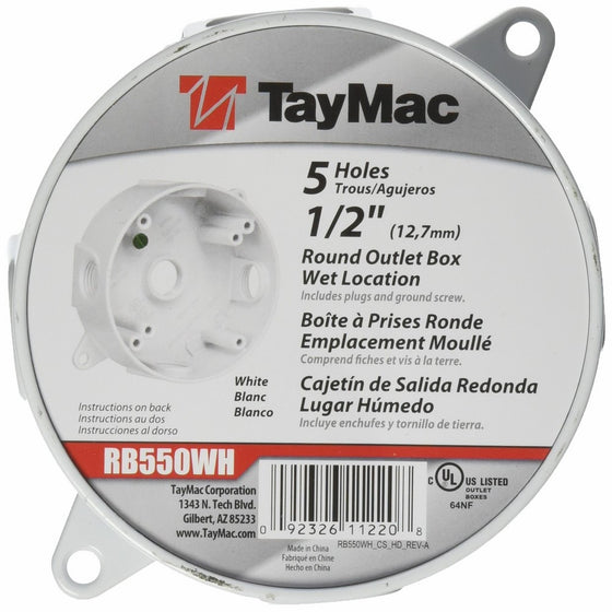 Taymac RB550WH Weatherproof Box, Round - (5) 1/2-Inch Outlets, White