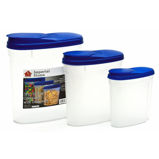 Plastic 3 Piece Cereal Dispenser Set - Dry Food Storage Containers (Blue Lids)