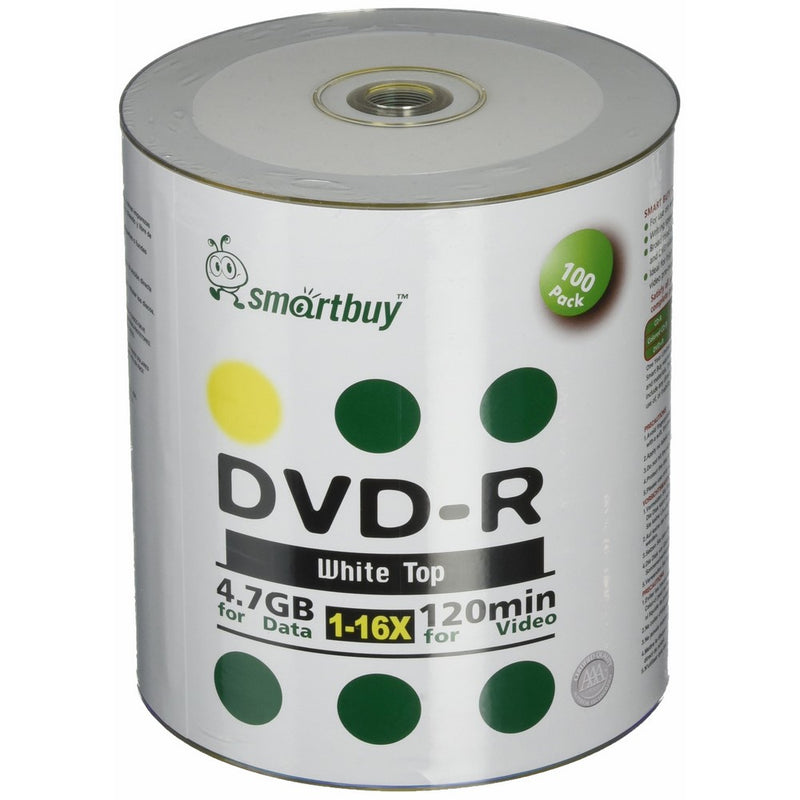 Smart Buy 100 Pack DVD-R 4.7gb 16x White Top Blank Data Video Movie Record Disc, 100 Disc 100pk