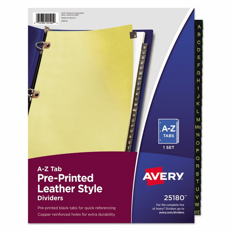 Avery 25180 Preprinted Black Leather Tab Dividers w/Copper Reinforced Holes, 25-Tab, Letter