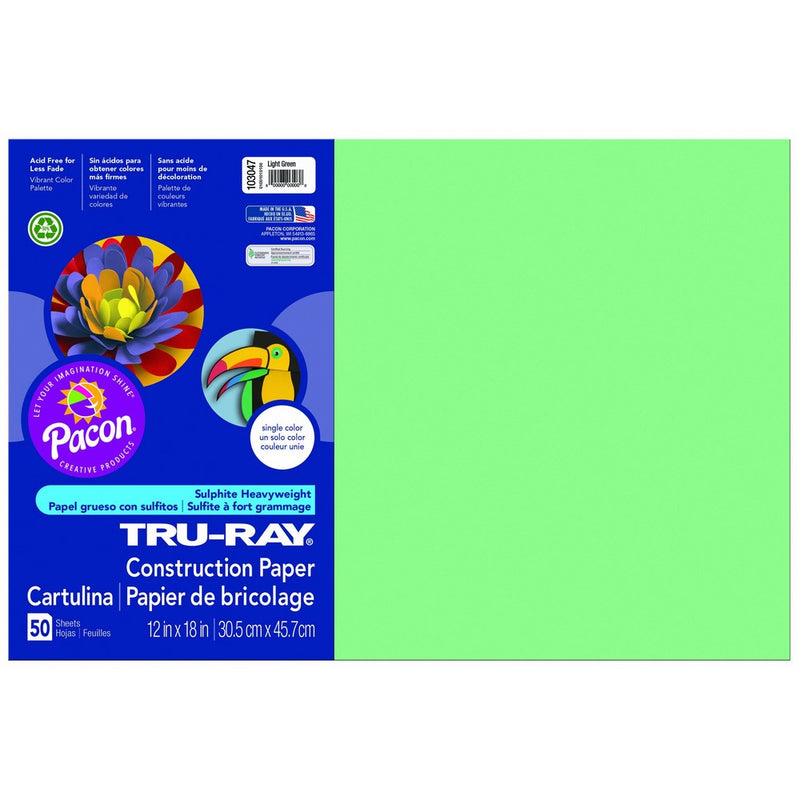 Pacon Tru-Ray Construction Paper, 12-Inches by 18-Inches, 50-Count, Light Green (103047)