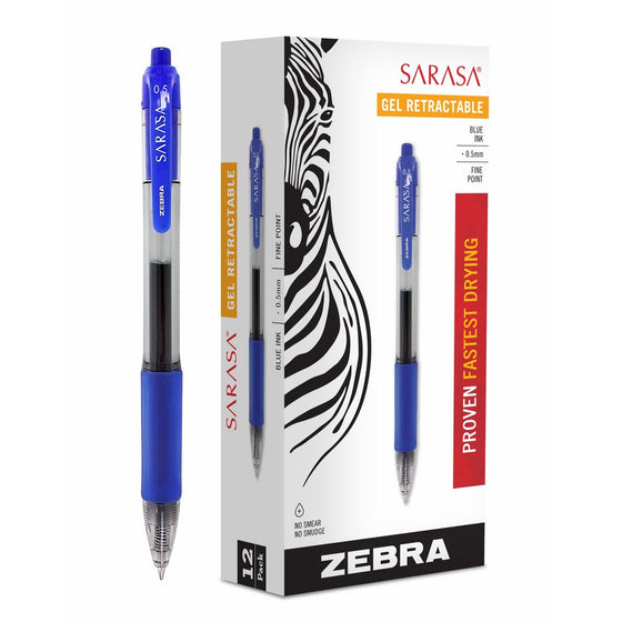 Zebra Sarasa Retractable Gel Ink Pens, Fine Point 0.5mm, Blue, Rapid Dry Ink, 12-Count