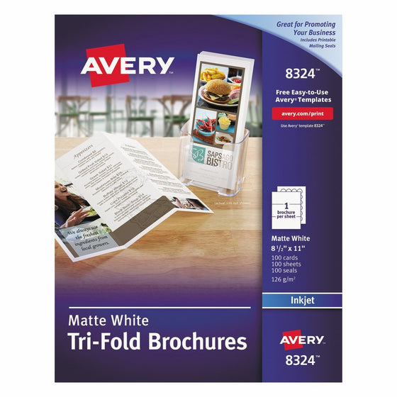 Avery Tri-Fold Brochures for Inkjet Printers, 8.5 x 11 inches, White, Matte, Box of 100 (8324)