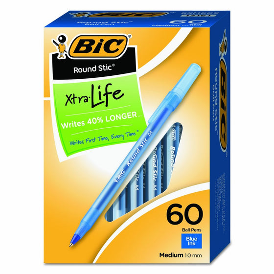 BIC Round Stic Xtra Life Ballpoint Pen, Medium Point (1.0mm), Blue, 60-Count